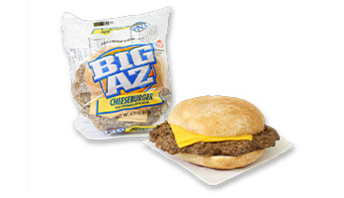 cheeseburger on a paper and a packaged cheeseburger with Big AZ logo