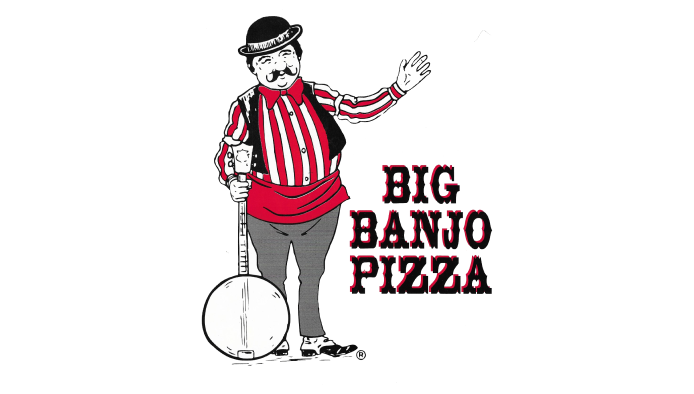 Big Banjo Pizza with a man with a hat, red and white stripped shirt, holding a banjo.