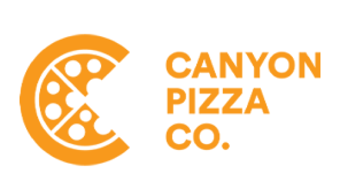 Canyon Pizza Co yellow logo with a yellow 3/4 pizza