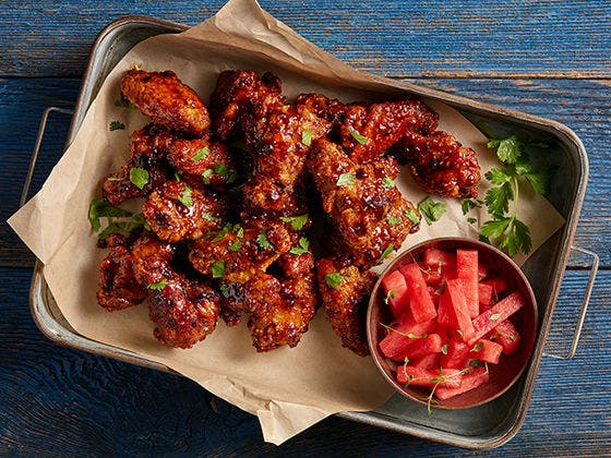 Bbq bone in chicken wings with pickled watermelon
