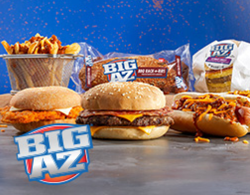 Burgers, chicken sandwiches and hot dogs with Big AZ brand logo