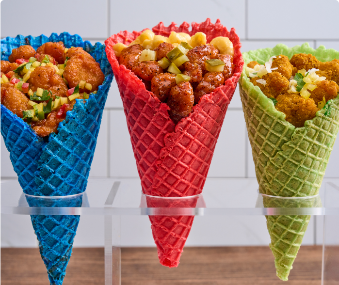 Blue, Red, and Green Chicken and Waffle cone flight