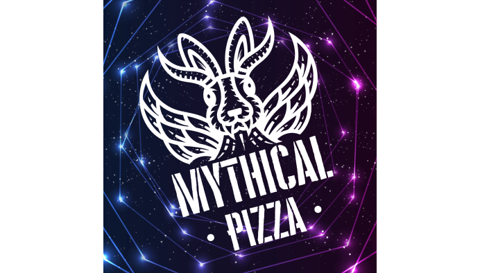 Mythical Pizza logo with blue and pink stars and a rabbit with wings and horns