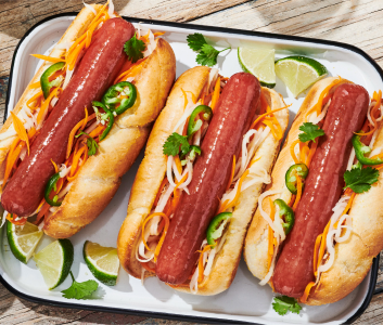 Roller Grill Offerings Three plated Korean Style Hot Dog Images