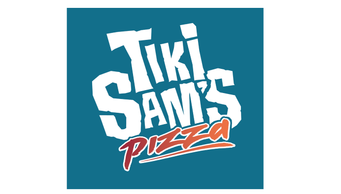 Tiki Sam's Pizza logo with blue background and pizza in red and orange coloring
