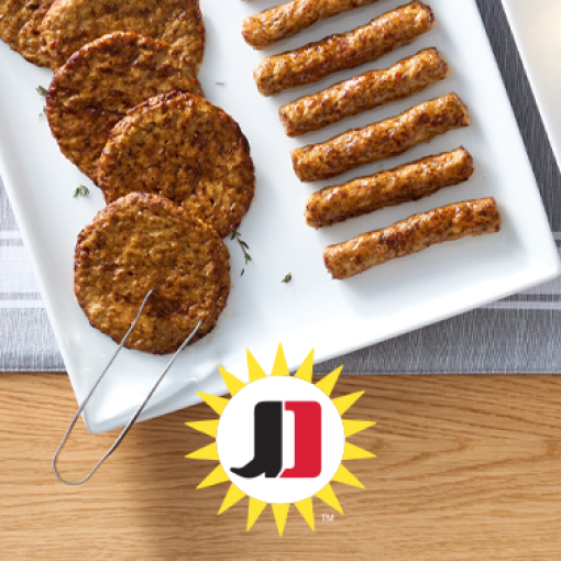 Sausage patties and sausage links on a white plate with Jimmy Dean logo