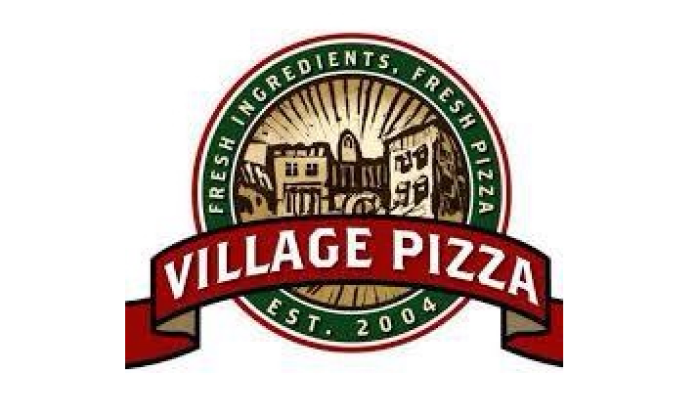 Village Pizza logo with a village on the background