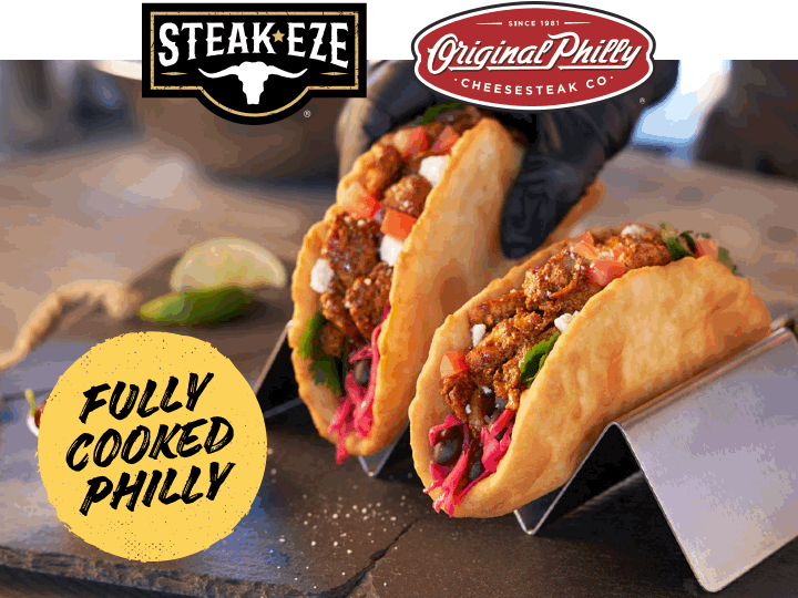 Recipe image of Mexican Fry Bread Tacos with Steak-EZE and Original Philly logos on top.