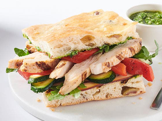 Focaccia Sandwich featuring Tyson Red Label® Fully Cooked Wood Fire Seasoned Chicken Breast Strips 