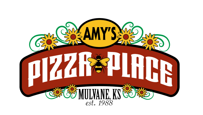 Amy's Pizza Place logo with bees and flowers