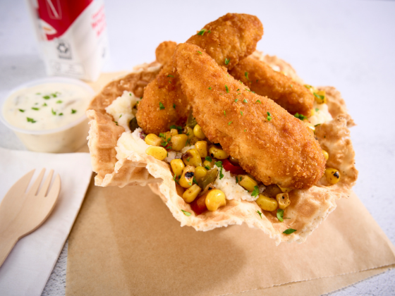 Waffle bowl with three tenders, mashed potatoes and corn salsa