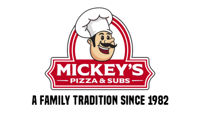 Mickey's Pizza & Subs with an italian man with a mustache and chef hat