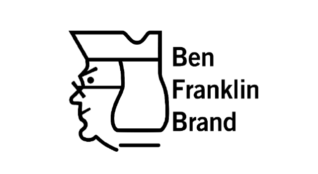 Ben Franklin Brand logo of Benjamin Franklin with a hat and glasses