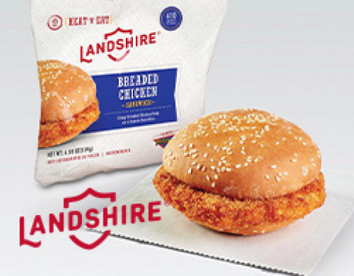 Chicken sandwich on white paper and Landshire package on back