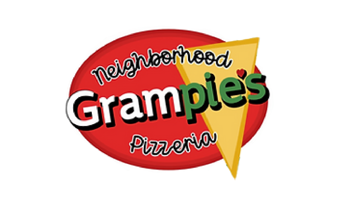 Grampies logo with neighborhood grampies pizzeria with a red background and yello pizza
