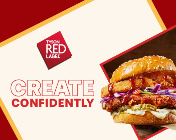 Create Confidently TRL Header with crispy chicken filet sandwich with onion rings, pickles, mayonnaise and bbq sauce