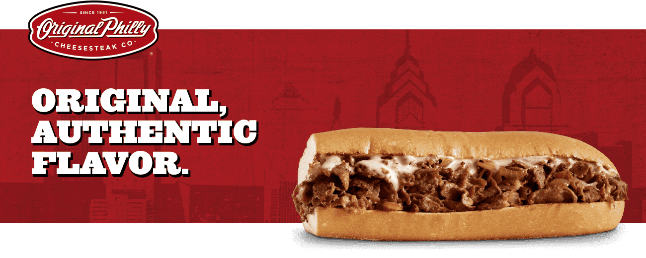 Original Philly®  logo with a philly cheesesteak sandwich and red background 