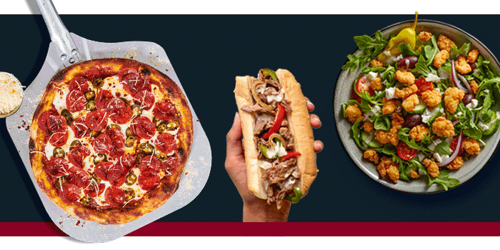 Pepperoni and jalapeno pizza, philly steak sandwich, chicken salad, philly steak pizza with bell peppers, buffalo wings and three meat pizza.